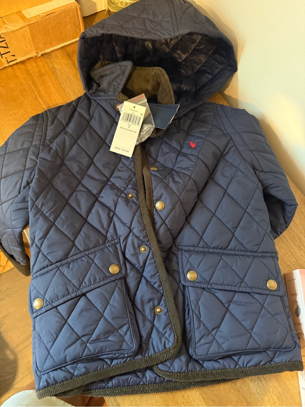 Ralph Lauren Navy Quilted Hooded Puffer with Red Polo Pony